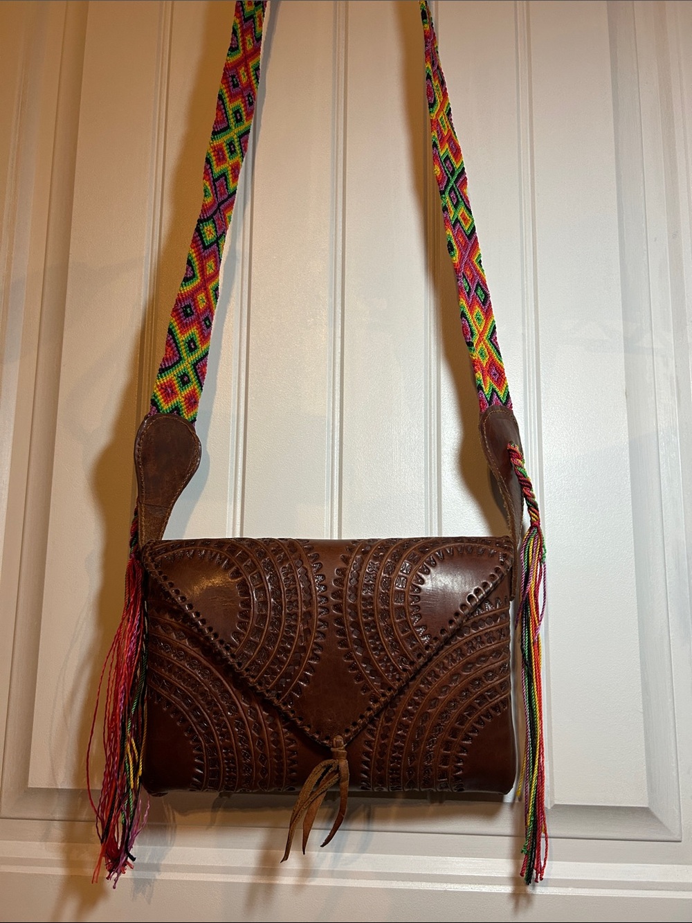 Handcrafted Brown Leather Crossbody Bag with Colorful Woven Strap